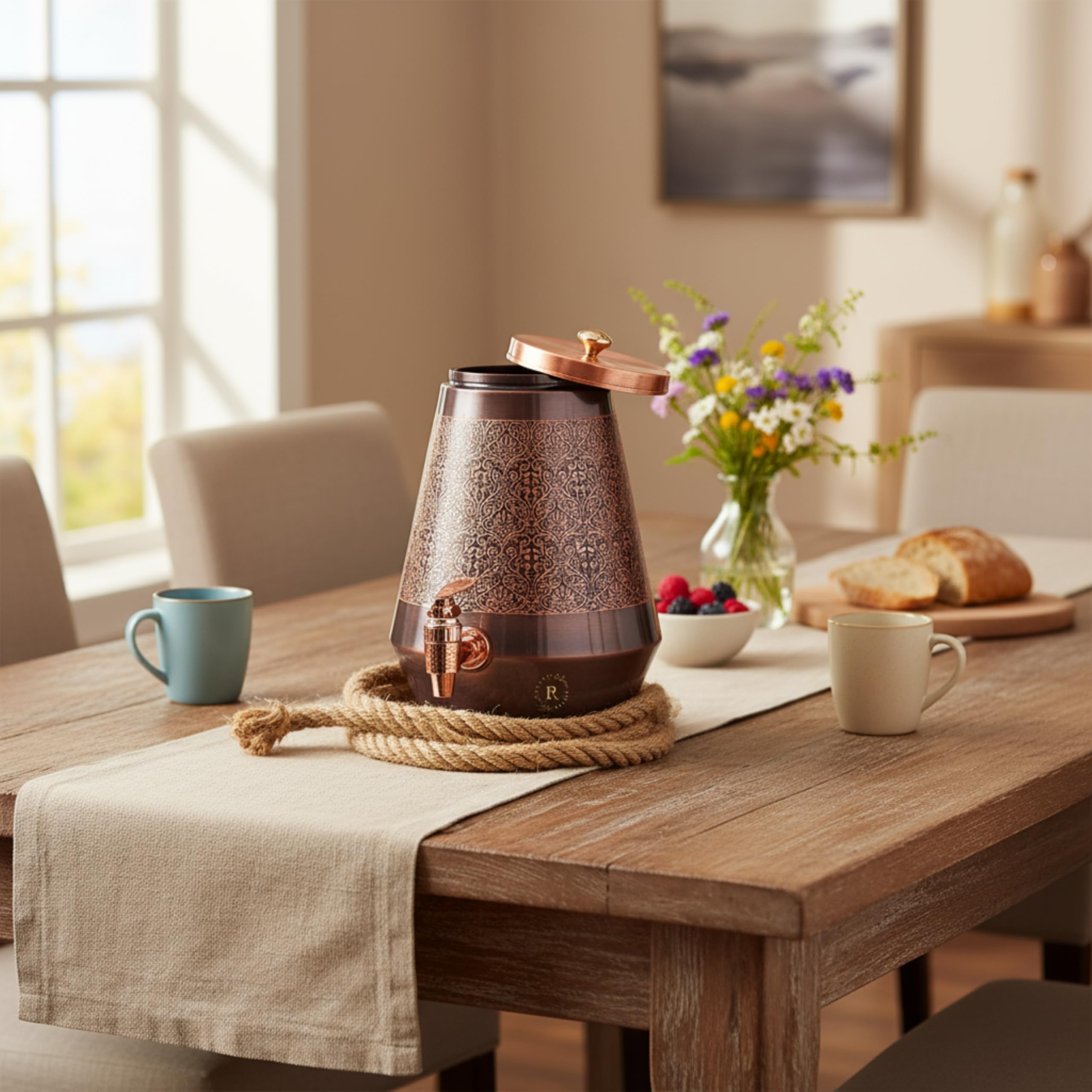 Rustic Relics Antique Copper Water Matka - 5L | With Eye Catching Embosed Engraving Design | Copper Water Storage Dispenser With
